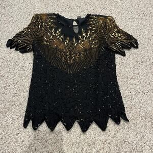Vintage Denise Elle Silk Beaded Short Sleeve Blouse M Maximalist Evening Party
